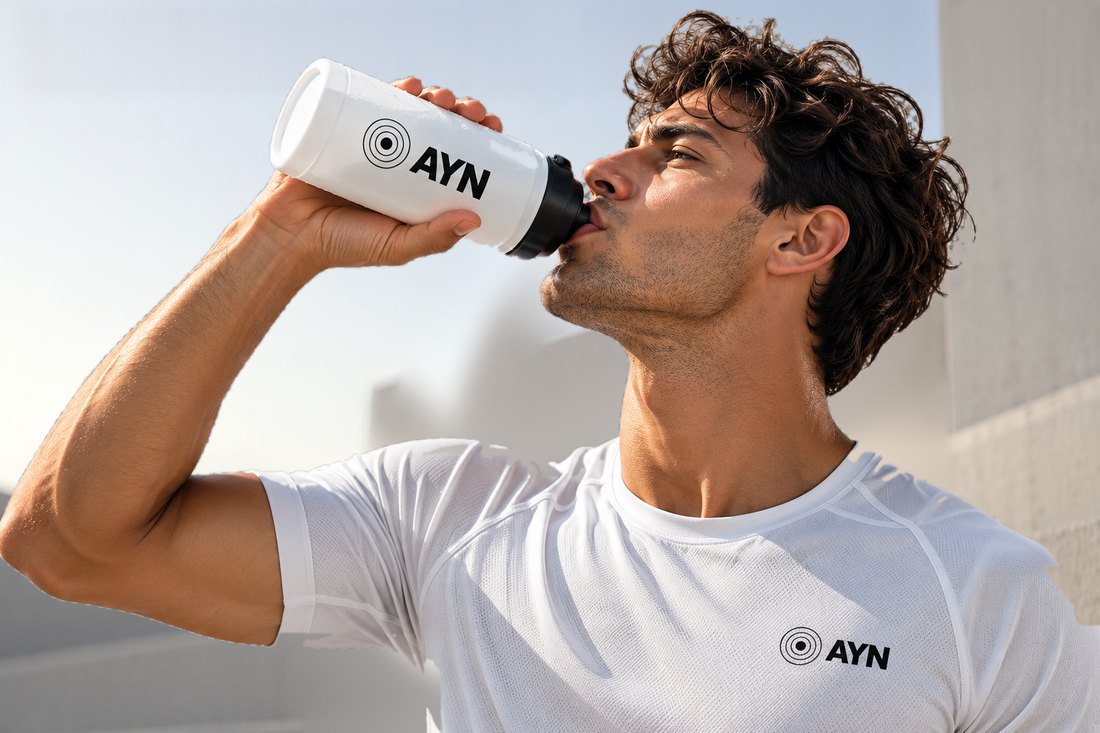 Un homme boit à une gourde ayn en plein soleil